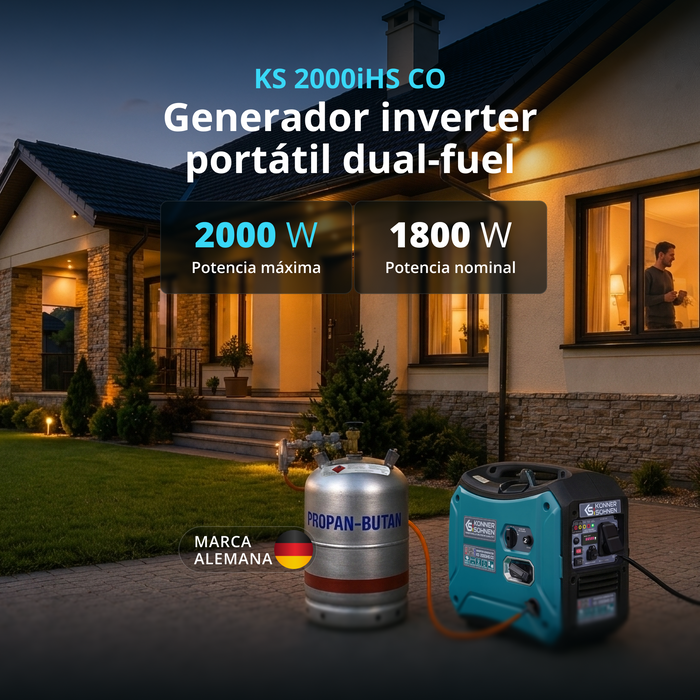 Generador Inverter Portátil de Doble Combustible de 2000 W, Gasolina + Propano, 1800 W de Potencia Nominal, Onda Sinusoidal Pura (<3 % THD), Sensor de CO, Solo 41.8 lb