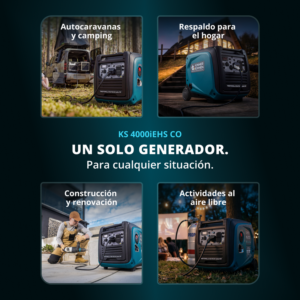 Generador Inversor Dual de 4000W Könner & Söhnen | A Gas GLP/Gasolina, Arranque Eléctrico, Sensor de CO | KS 4000iEHS CO