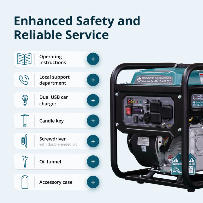 Könner & Söhnen 3200W Portable Inverter Generator | Gasoline, Pure Sine Wave, CO Sensor | KS 3200i CO