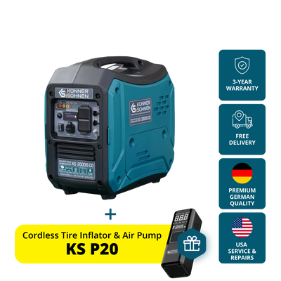 Könner & Söhnen KS 2000iS silent inverter generator featuring Premium German Quality, 3-Year Warranty, USA service & repairs, and included free tire inflator gift.