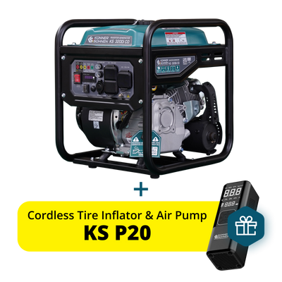 Könner & Söhnen KS 3200i CO open frame inverter generator with a promotional free gift: the KS P20 cordless tire inflator and air pump