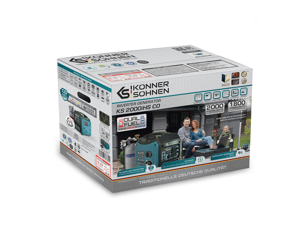 Könner & Söhnen 2000W Portable Dual Fuel Inverter Generator | Gasoline & Propane, Super Quiet 57 dB | KS 2000iH S CO
