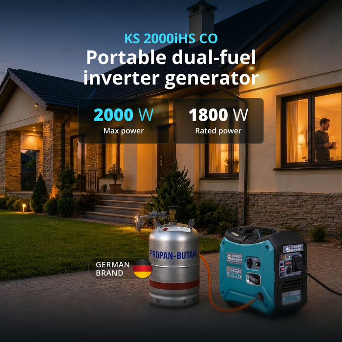 Könner & Söhnen 2000W Portable Dual Fuel Inverter Generator | Gasoline & Propane, Super Quiet 57 dB | KS 2000iH S CO