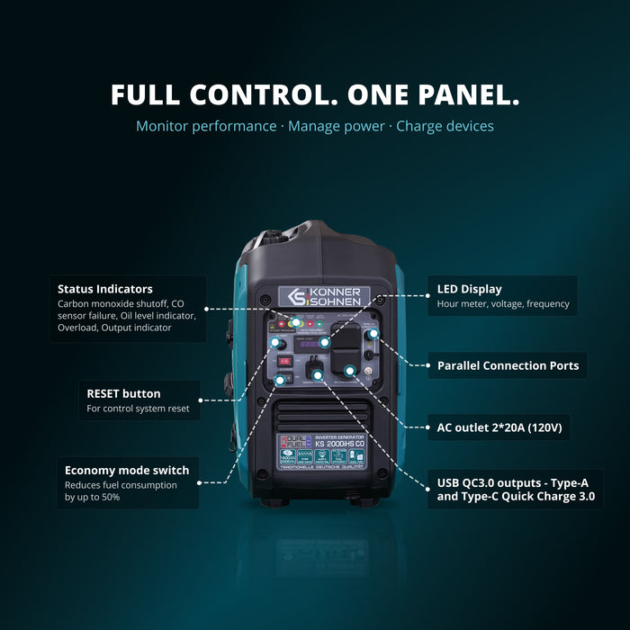 Könner & Söhnen 2000W Portable Dual Fuel Inverter Generator | Gasoline & Propane, Super Quiet 57 dB | KS 2000iH S CO