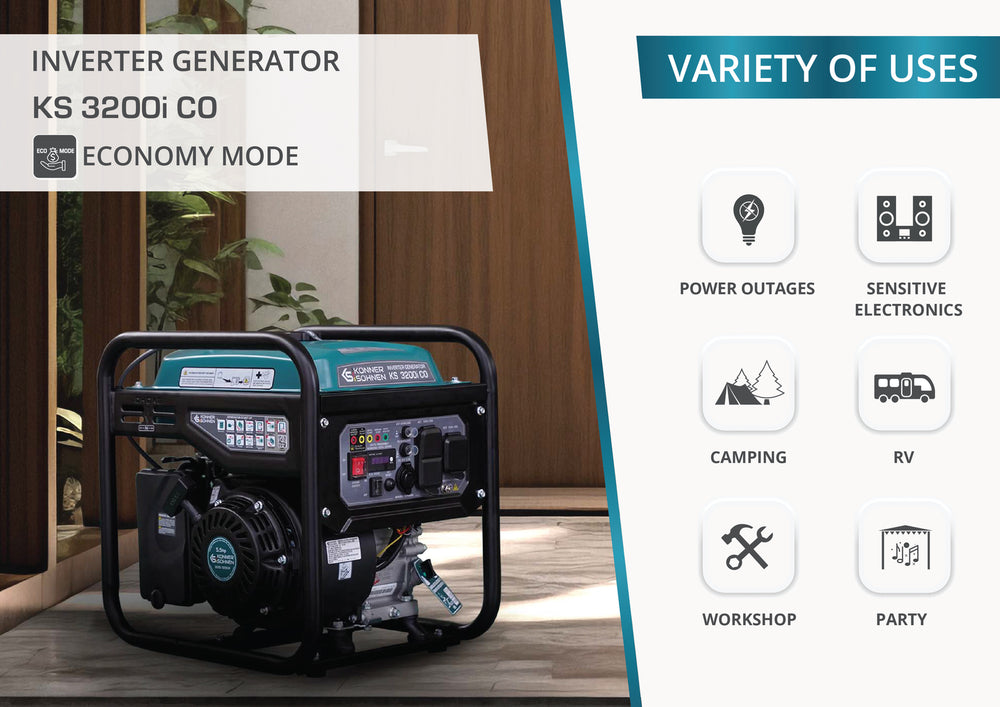 Könner & Söhnen 3200W Portable Inverter Generator | Gasoline, Pure Sine Wave, CO Sensor | KS 3200i CO