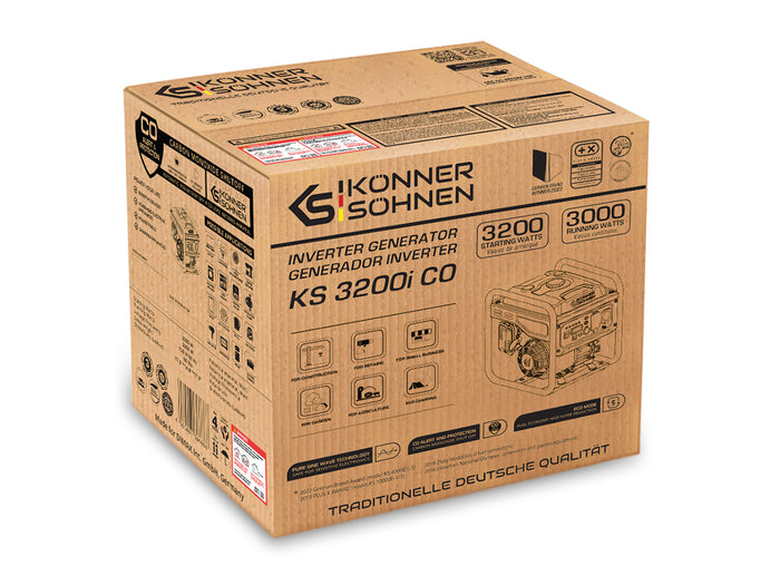Könner & Söhnen 3200W Portable Inverter Generator | Gasoline, Pure Sine Wave, CO Sensor | KS 3200i CO