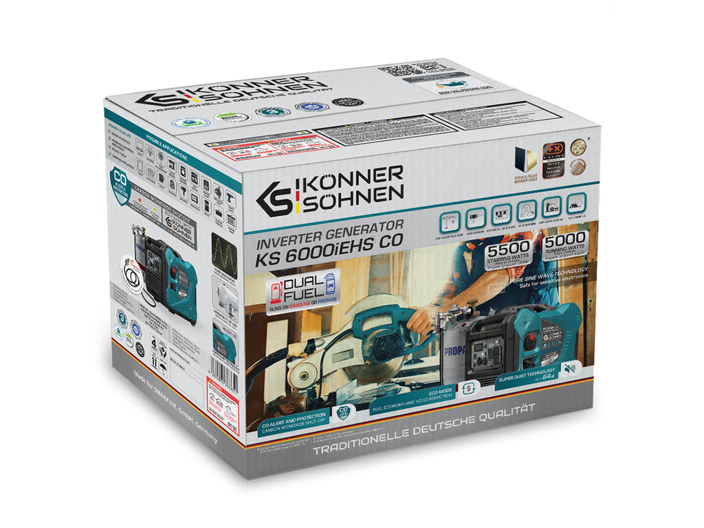 Könner & Söhnen 5500W Dual Fuel Inverter Generator | LPG/Gasoline, Electric Start, CO Sensor | KS 6000iEHS CO